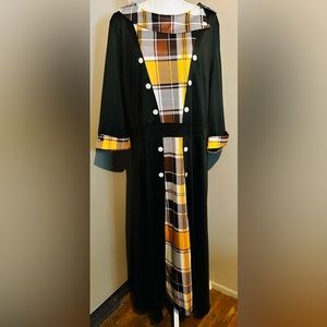 MIDI dress, black with yellow, brown and white plaid. Size 2X